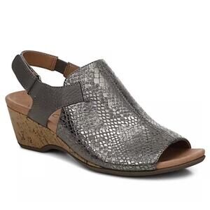Vionic Tatiana Adjustable Peep Toe Wedge Metallic Snake Embossed Size 8.5